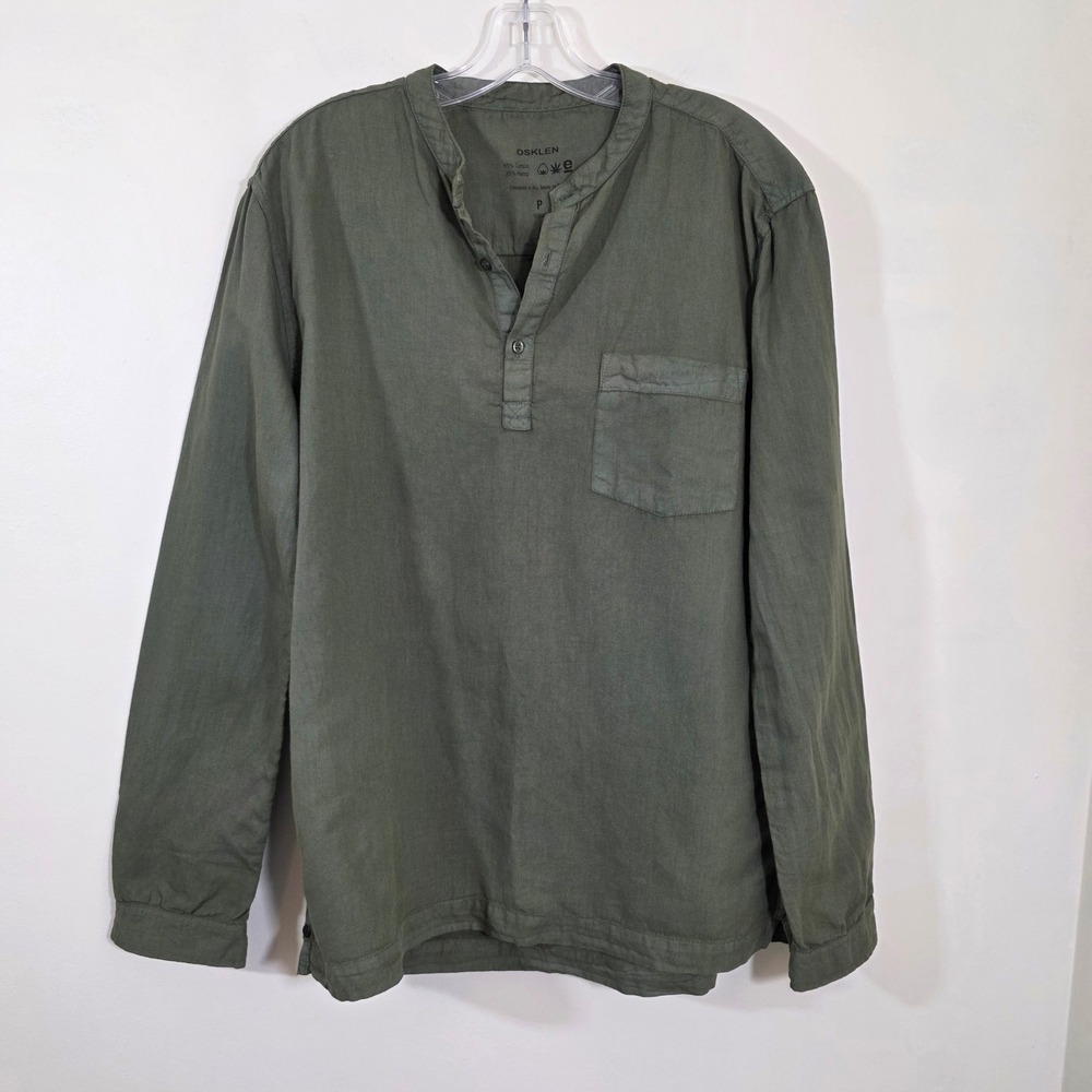 Osklen Mens Henley Shirt Cotton Hemp Blend Long Sleeve Band Collar Green Small
